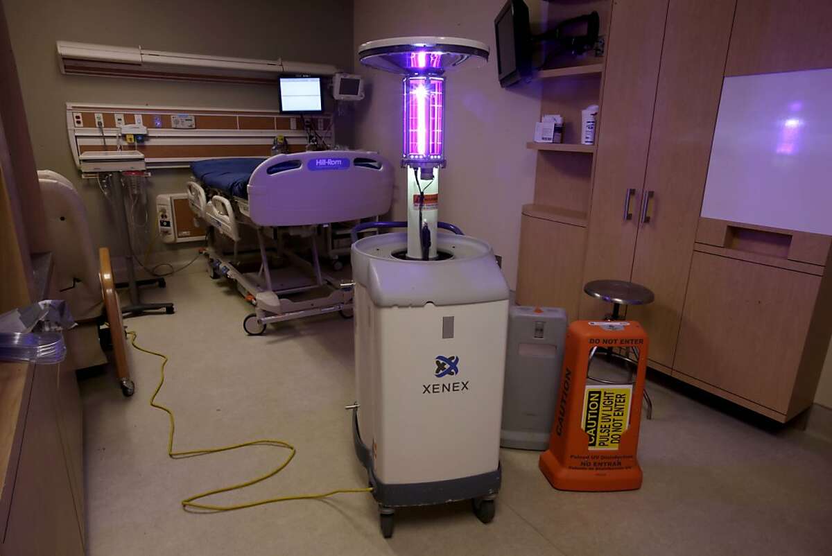 Using ultraviolet light, a machine disinfects a hospital room at the Westchester Medical Center in Valhalla, N.Y., Wednesday, March 20, 2013. (AP Photo/Seth Wenig)