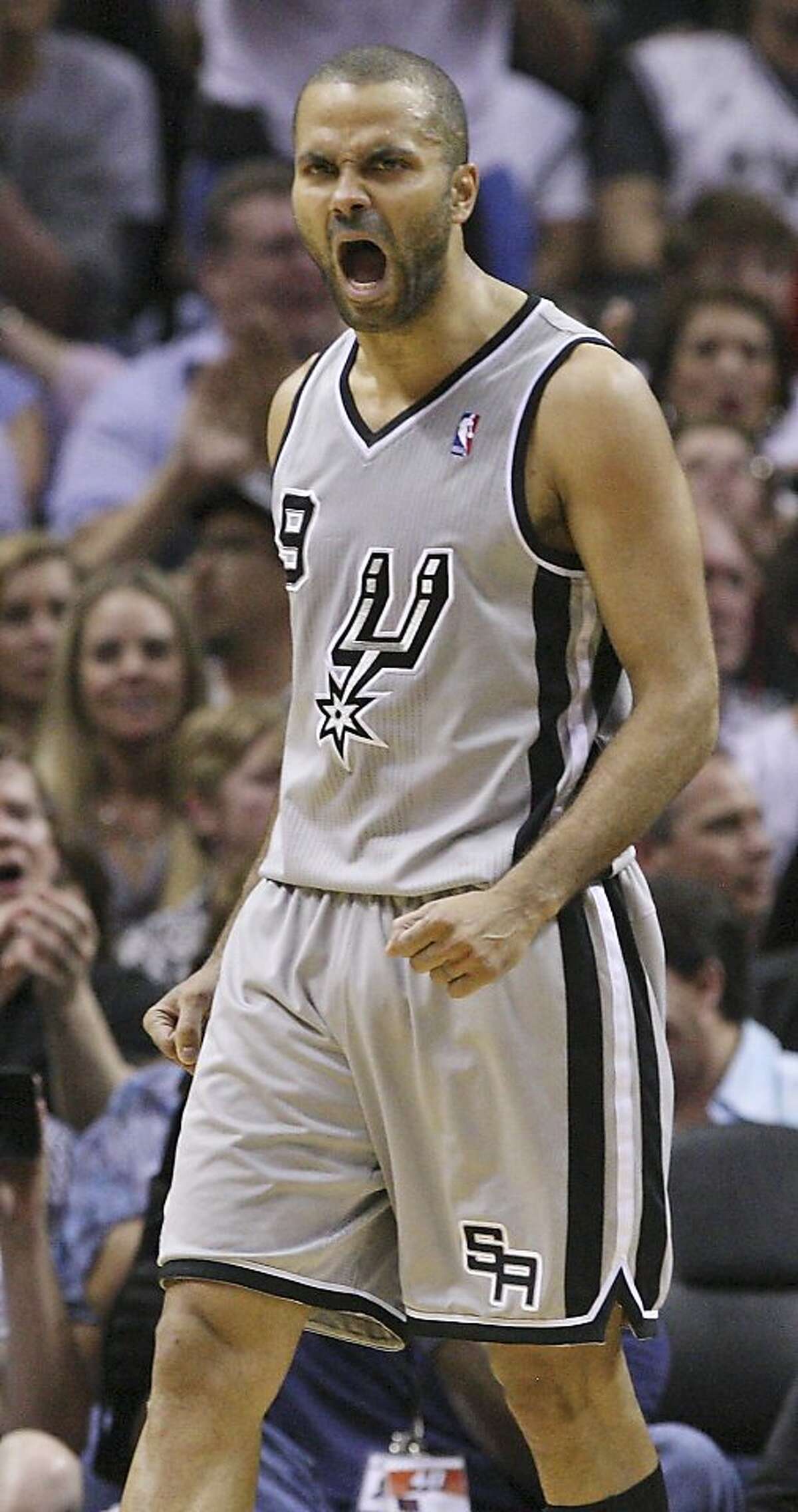San Antonio Spurs' Tony Parker reacts after a play during second half action of Game 5 in the NBA Western Conference semifinals against the Golden State Warriors Tuesday May 14, 2013 at the AT&T Center. The Spurs won 109-91.