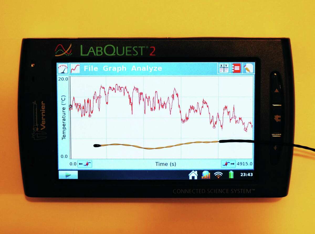 This computer shows the air temperature between Castroville and Seguin, measured by a tiny sensor on the display.
