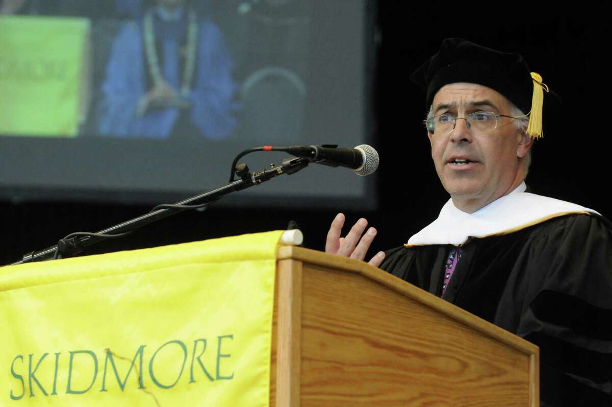 New York Times columnist David Brooks speaks after being presented with an honorary Doctor of Letters degree during the Skidmore 102nd college commencement at SPAC on Saturday, May 18, 2013.