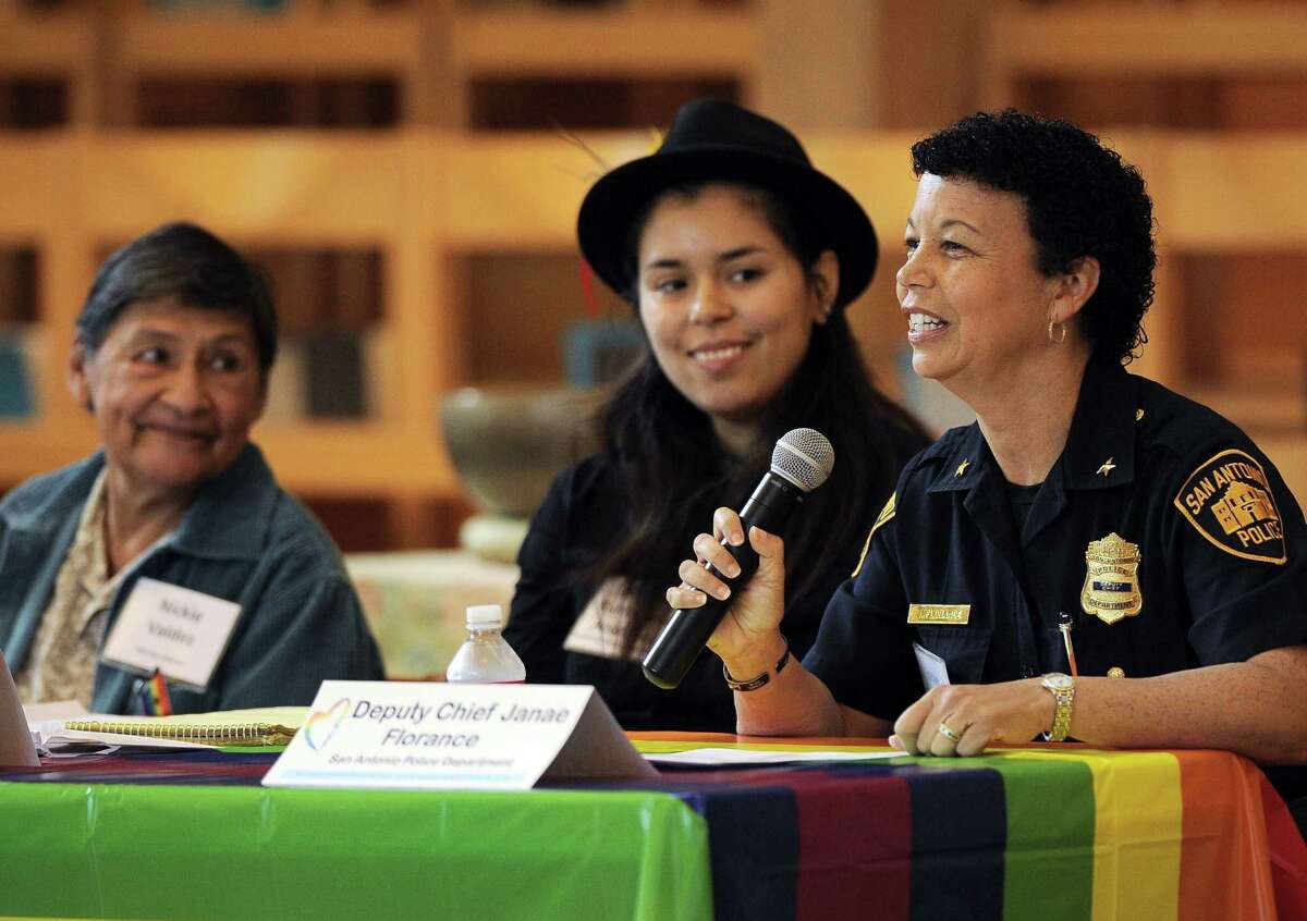 Deputy Chief Janae Florance speaks during the panel discussion on equality issues as Melissa Ruizesparza Rodriguez (center) and Nickie Valdez look on at the First Unitarian Universalist Church.