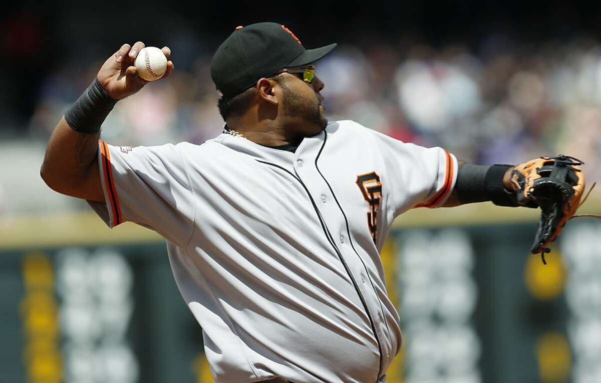 San Francisco Giants third baseman Pablo Sandoval warms up before taking his position on the diamond against the Colorado Rockies in the first inning of a baseball game in Denver on Sunday, May 19, 2013. (AP Photo/David Zalubowski)