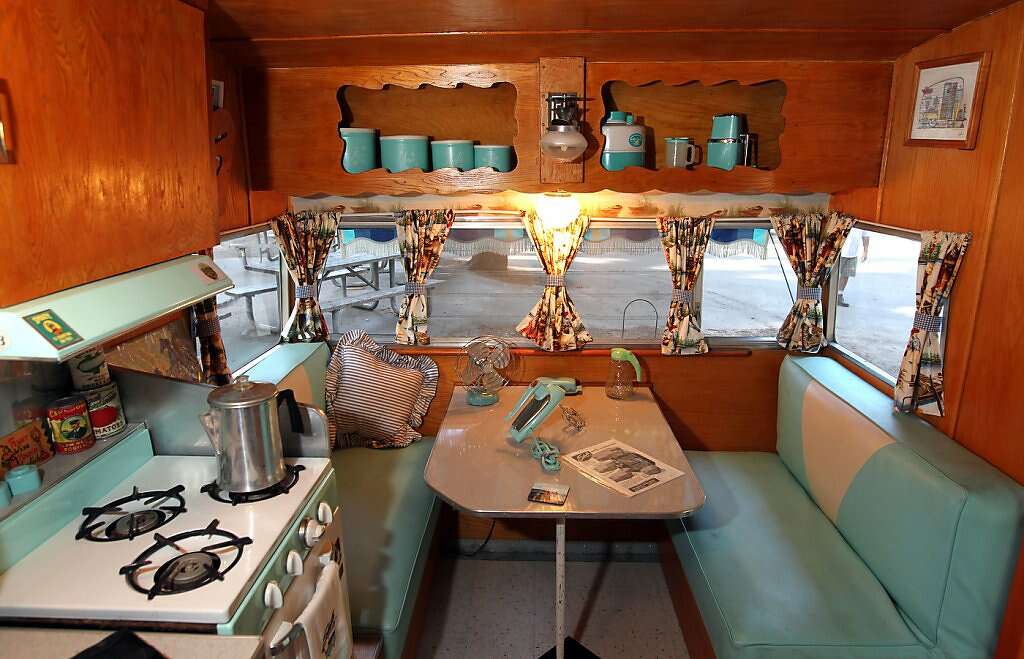 Cotter And Nienows Restored Shasta Is Trimmed In Aqua With Color Coordinated Appliances Upholstery Cotter And Nienows Restored Shasta Is Trimmed In Aqua With Color Coordinated Appliances Upholstery