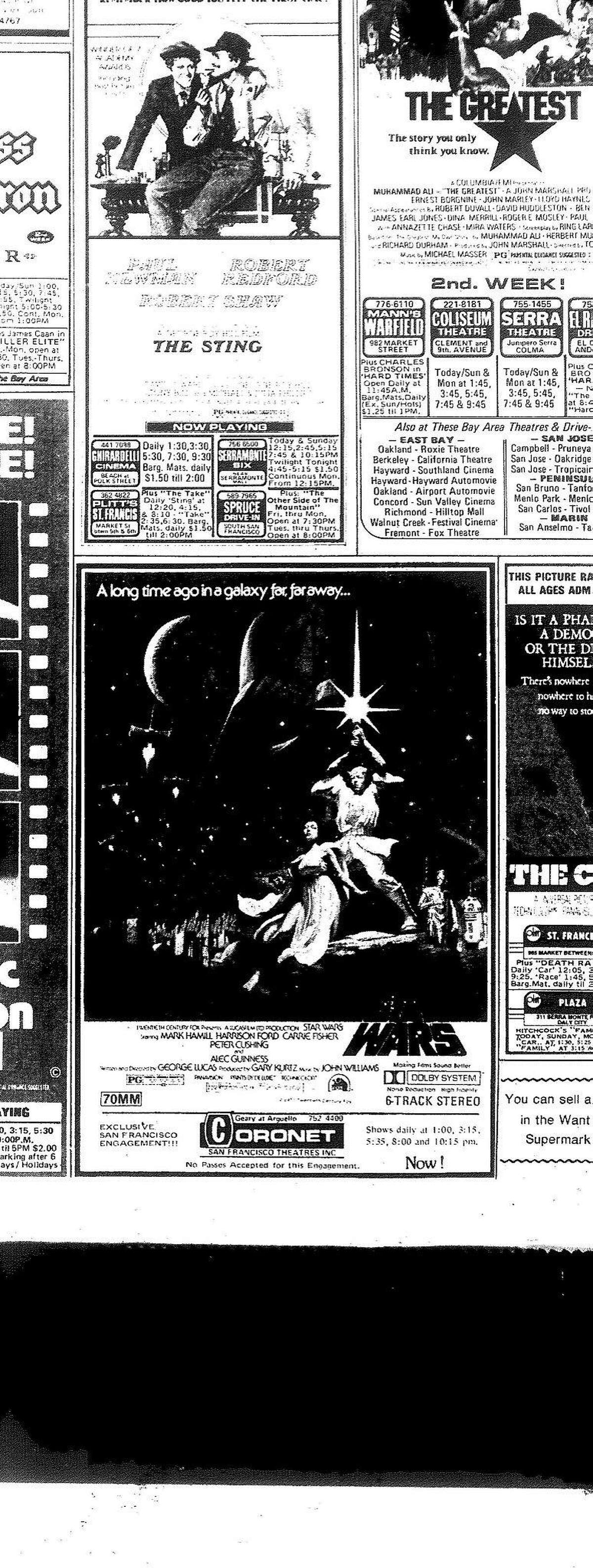 The ad for "Star Wars" in the San Francisco Chronicle as it appeared on Friday May 27, two days after opening at the Coronet.