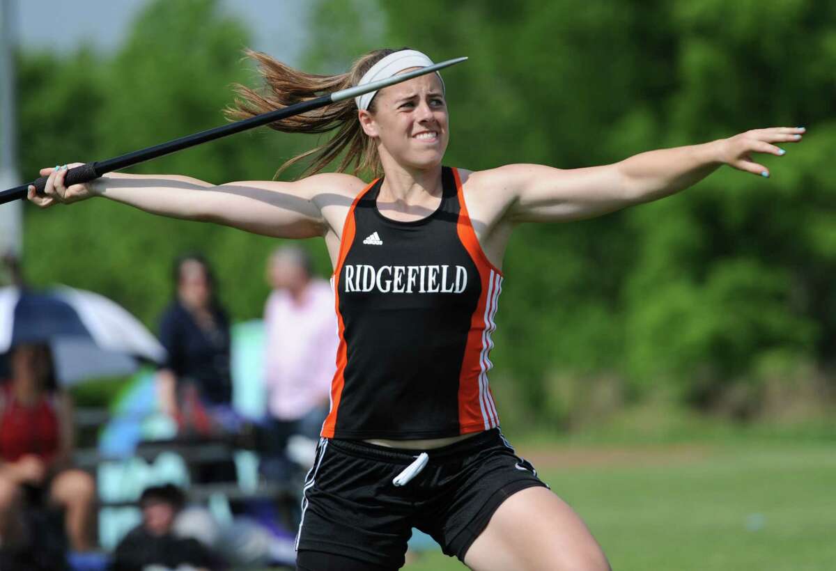 Ridgefield's Ellie Gravitte competes in the girls javelin at the FCIAC Track and Field Championships at Danbury High School in Danbury, Conn. on Tuesday, May 21, 2013. Gravitte won the event, setting a state and FCIAC meet record, with a throw of 152-07.