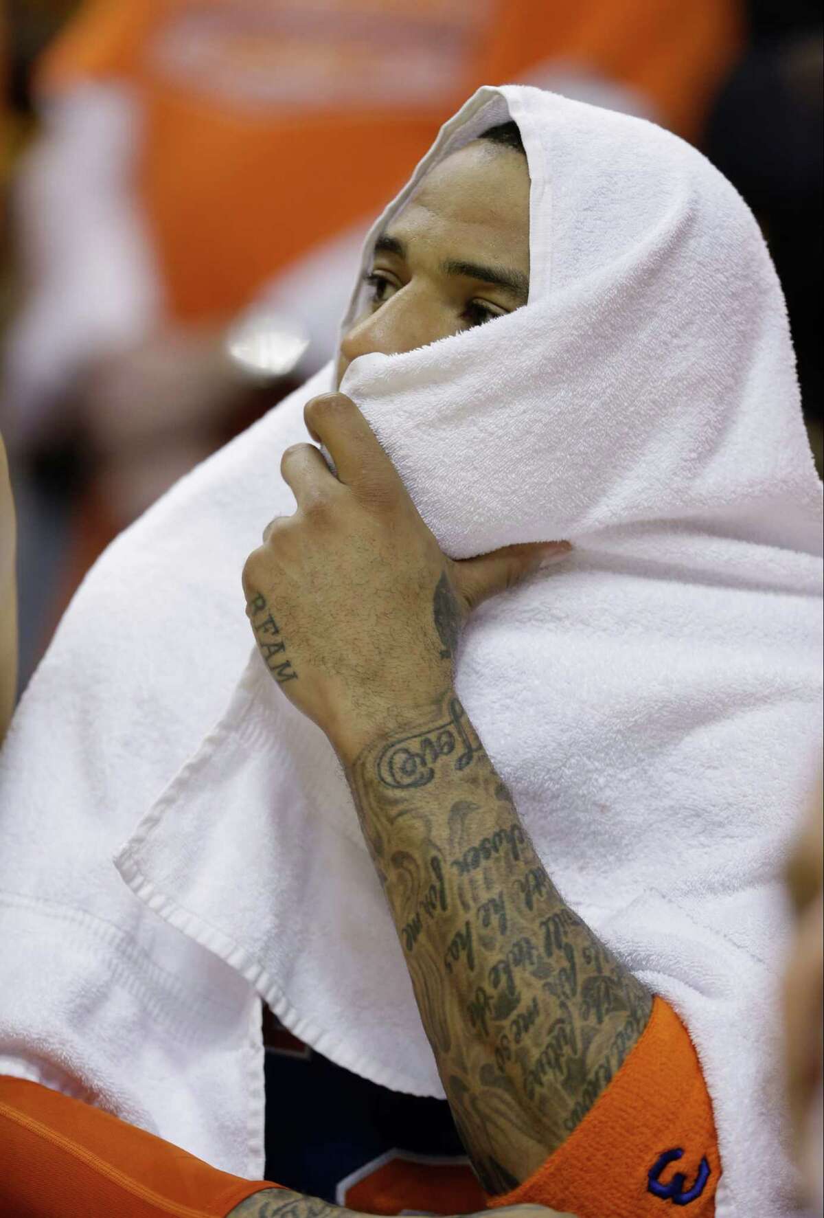 New York Knicks' Kenyon Martin (3) watches during the second half of Game 6 of an Eastern Conference semifinal NBA basketball playoff series against the Indiana Pacers Saturday, May 18, 2013, in Indianapolis. Indiana defeated New York 106-99. (AP Photo/Darron Cummings)