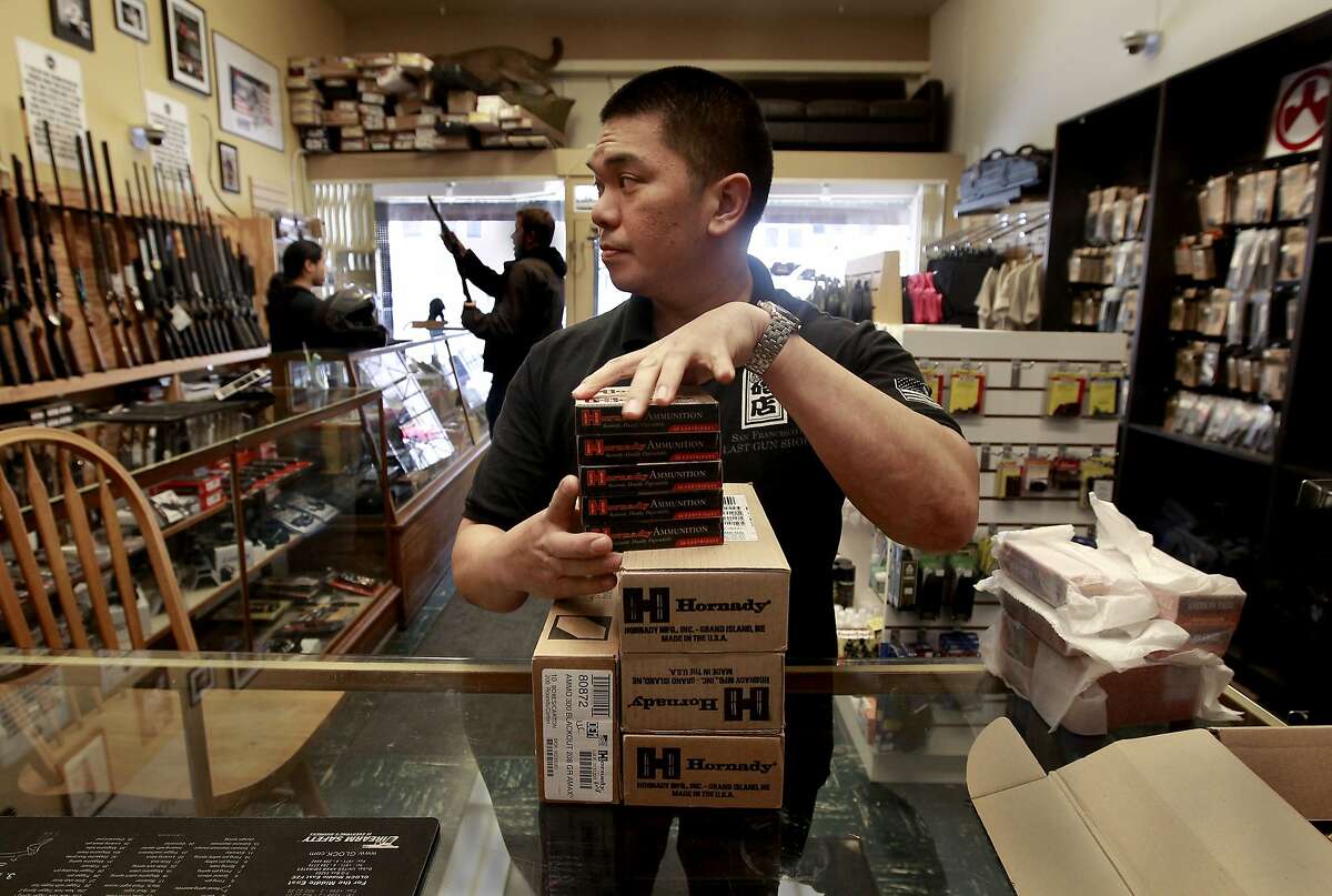 General Manager Steven Alcairo with boxes of Ammunition that has been pre-ordered for customers, arrived today at High Bridge Arms in San Francisco, Calif. on Thurs. May 23, 2013, will be distributed in the next few days. High Bridge Arms the last gun shop in San Francisco has been having trouble acquiring ammunition since the first of this year. General manager Steven Alcairo says that their twice a week ammunition orders are at one quarter of what they used to get due to availability.