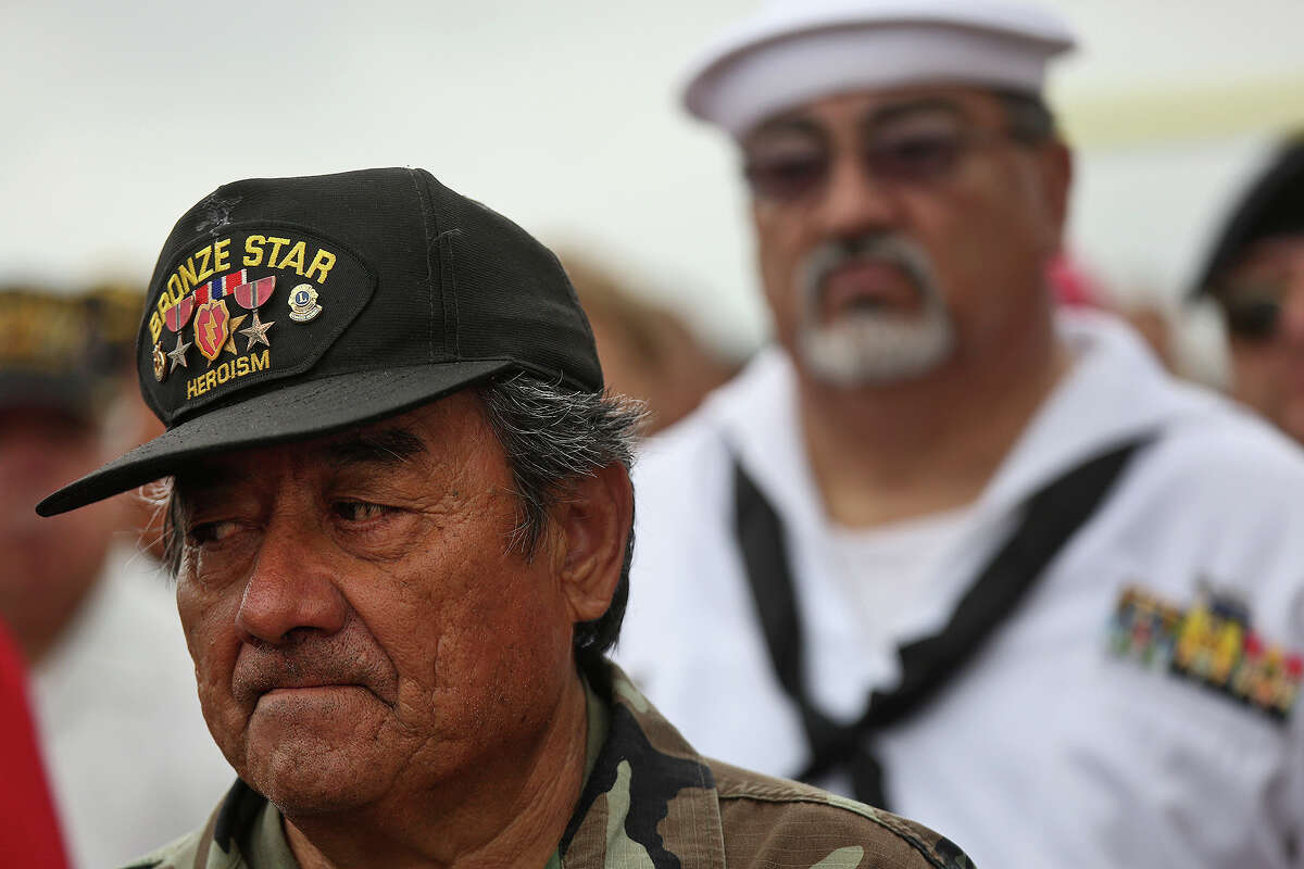Vietnam veteran and three-time Bronze Star recipient Martin Silva, Jr. stands by during the Roll Call of Honor during the Edgewood Independent School District and Edgewood High School class of 1967 Memorial Day Ceremony at Frank Mata Memorial Stadium in San Antonio on Monday, May 27, 2013.
