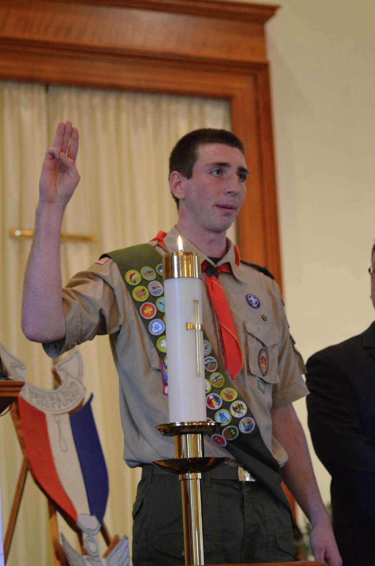 Ryan Clark, son of Mary Anne and Bill Clark, received his Eagle Scout award, earning the highest rank in scouting, at an Eagle Court of Honor held on Saturday, April 27, 2013. Ryan?s Eagle project was the design and construction of a new sidewalk for access from the parking lot to the Clergy/Choir entrance at St. Paul?s Episcopal Church on Hackett Boulevard in Albany. Utilizing the help of Scouts from Troop 149, Ryan organized a car wash to raise funds for the cement and tools needed. All work on the project was coordinated and overseen by Ryan. Scoutmaster Bob McLean presented the Eagle award to Ryan at a ceremony held at the Bethany Reformed Church, the Chartering Organization for Troop 149 in Albany. Ryan is currently a senior at Lake George High School and will attend Marist College in the Fall. (Mary Anne Clark)