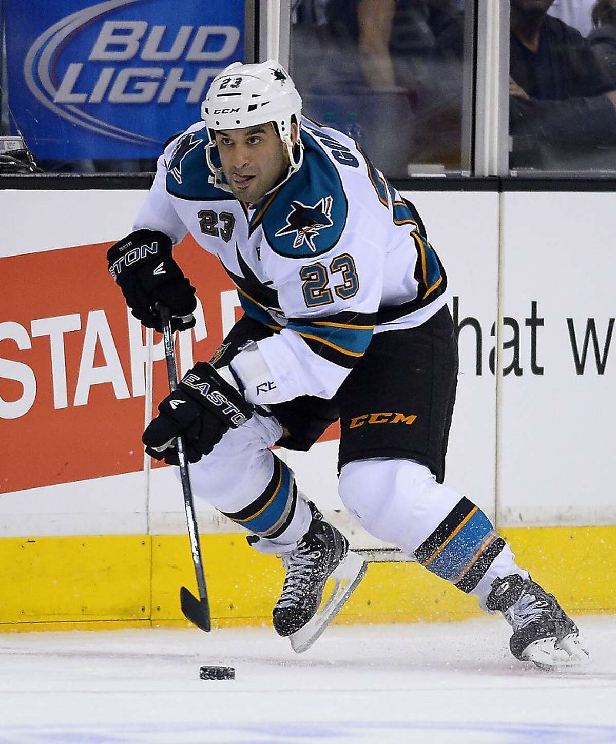 San Jose Sharks center Scott Gomez skates with the puck during the third period in Game 2 of their second-round NHL hockey Stanley Cup playoff series against the Los Angeles Kings, Thursday, May 16, 2013, in Los Angeles. (AP Photo/Mark J. Terrill)