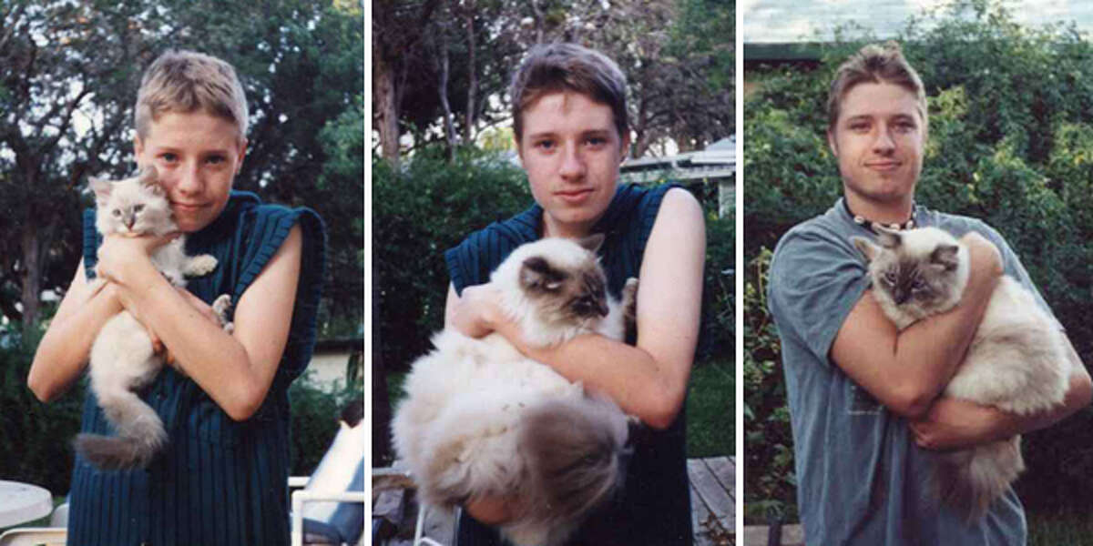 The first photo was taken in 1994 when our son, J.D. Foster was eleven years old and was given a baby kitten. He named the cat “Bonnie” and we took a photo of them together. Three years later, in 1997, J.D. squeezed into the same shirt and we took a second photo that showed how both he and the cat had grown. Eight years later, in 2005, we took the last photo of J.D. and Bonnie together before he left home and joined the U.S. Navy. All of the photos were taken in our backyard in New Braunfels.