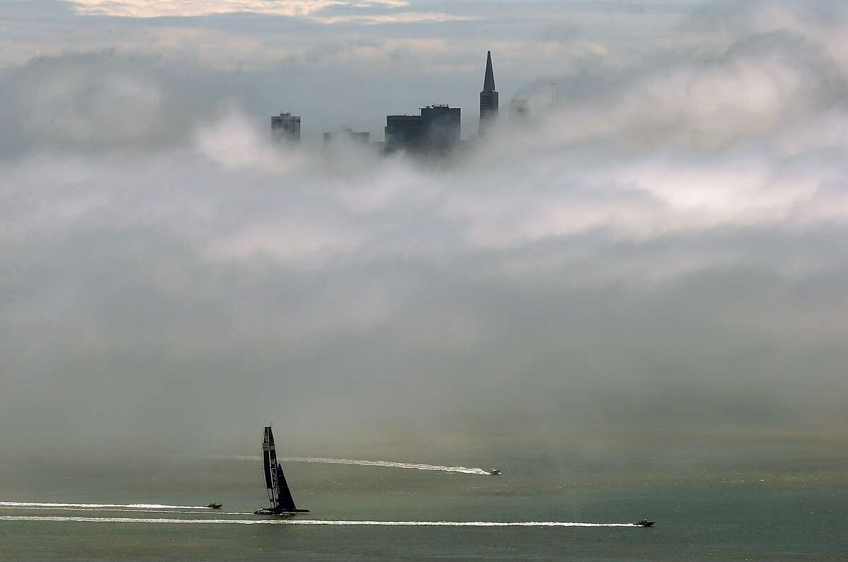 San Francisco Bay under a blanket of fog on May 28, 2013 as seen from Sausalito, California. 