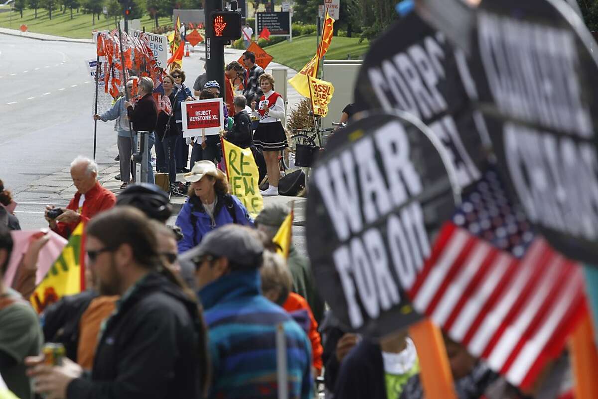 Dozens of demonstrators gather for a protest outside of Chevron headquarters in San Ramon, Calif. on Wednesday, May 29, 2013.