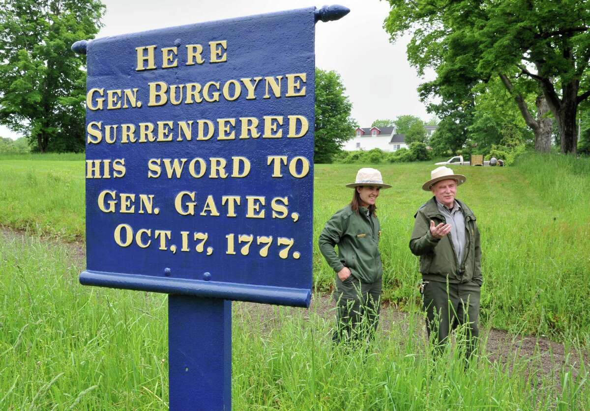 Saratoga National Historical Park Ranger Megan Stevens, left, and Superintendent Joe Finan at the park's newly acquired satellite property along Rt. 4, in the Town of Saratoga Wednesday May 29, 2013. The site is where British Gen. Burgoyne surrendered his sword to Gen. Gates at America's first major victory in the Revolutionary War. (John Carl D'Annibale / Times Union)