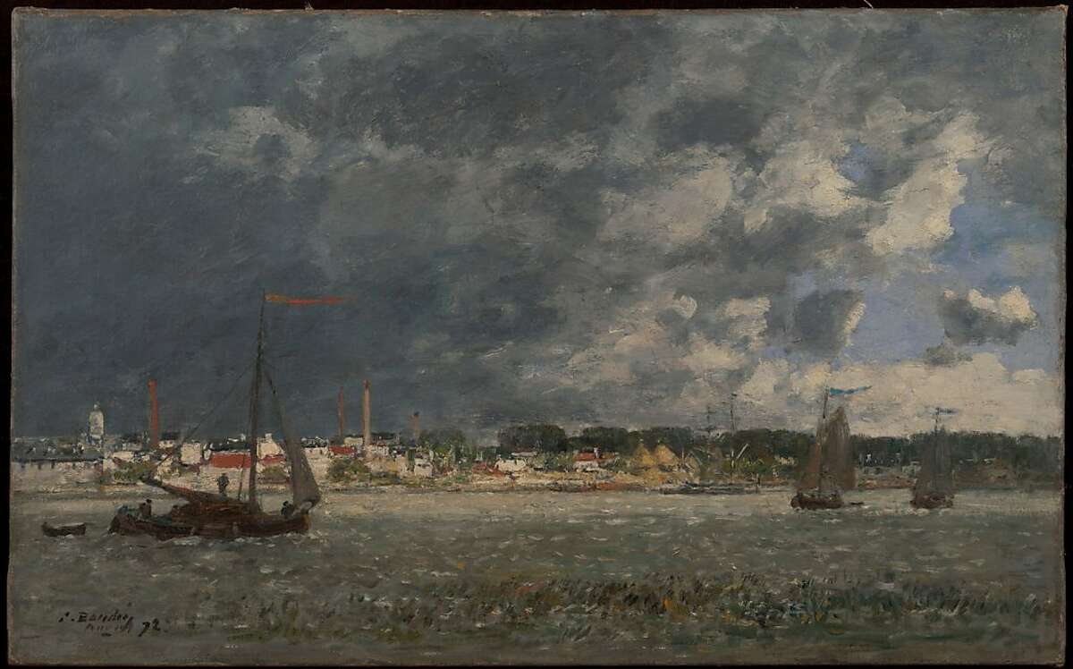"Storm over Antwerp" (1872) Oil on canvas by Eugene Louis Boudin 16 25 5⁄8 in. Fine Arts Museums of San Francisco. Gift of Osgood Hooker