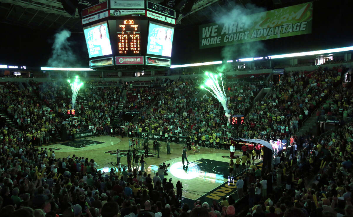 Seattle Storm players are introduced against the Phoenix Mercury during the Seattle Storm home opener on Sunday, June 2, 2013 at KeyArena in Seattle.