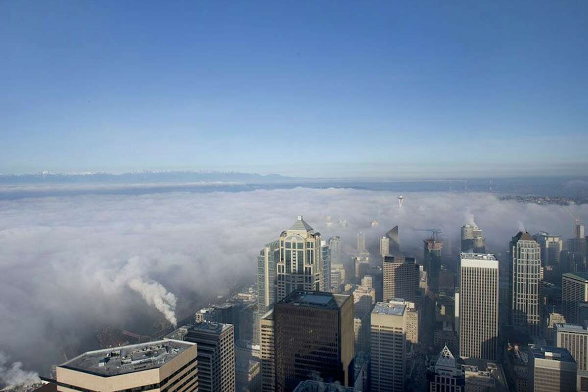 View of downtown Seattle and beyond from the Sky View Observatory at Columbia Center.