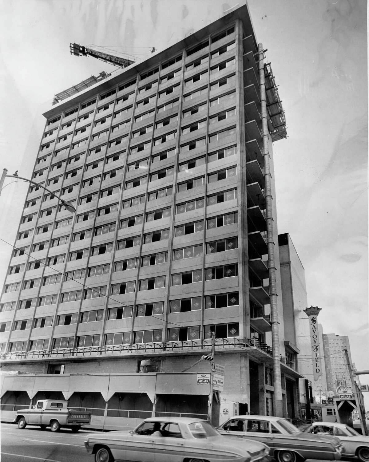 The 17-story addition to the Savoy Hotel, at the corner of Main and Pease, is shown under contruction in 1966.