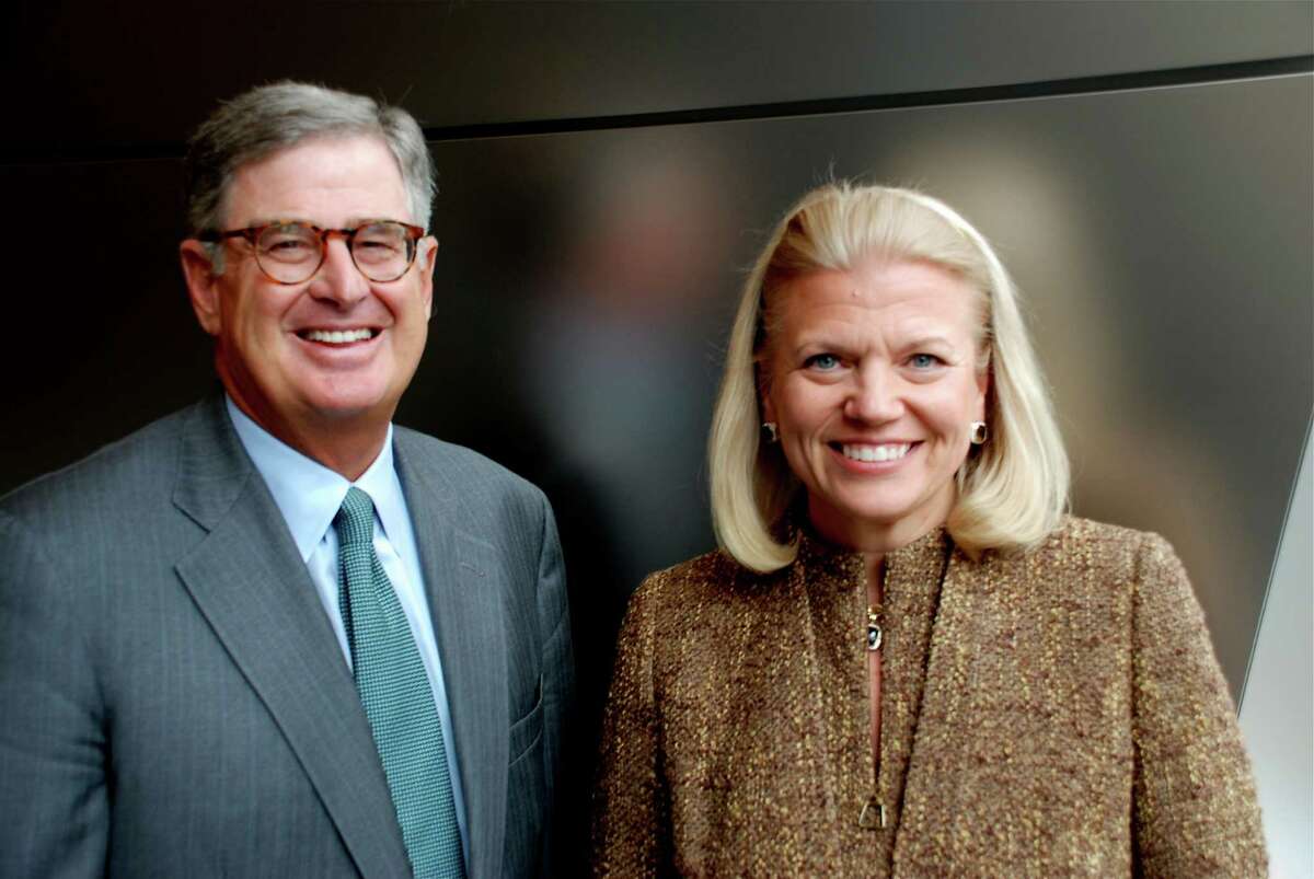 This photo received October 26, 2011 courtesy of IBM shows Samuel J. Palmisano and Virginia M. "Ginni" Rometty (R) at IBM's corporate headquarters in Armonk, New York. IBM on October 25, 2011 named Virginia Rometty, the head of sales, marketing and strategy, to take over as chief executive on January 1, 2012 making her the first woman to lead the US computer giant. The 54-year-old, who is also a senior vice president at IBM, succeeds current president and chief executive Samuel Palmisano, 60, who will stay on as chairman of the board of directors, IBM said in a statement. AFP PHOTO/IBM/ Jon Iwata/IBM/HANDOUT/RESTRICTED TO EDITORIAL USE - MANDATORY CREDIT " AFP PHOTO / - NO MARKETING NO ADVERTISING CAMPAIGNS - DISTRIBUTED AS A SERVICE TO CLIENTS (Photo credit should read Jon Iwara/AFP/Getty Images)