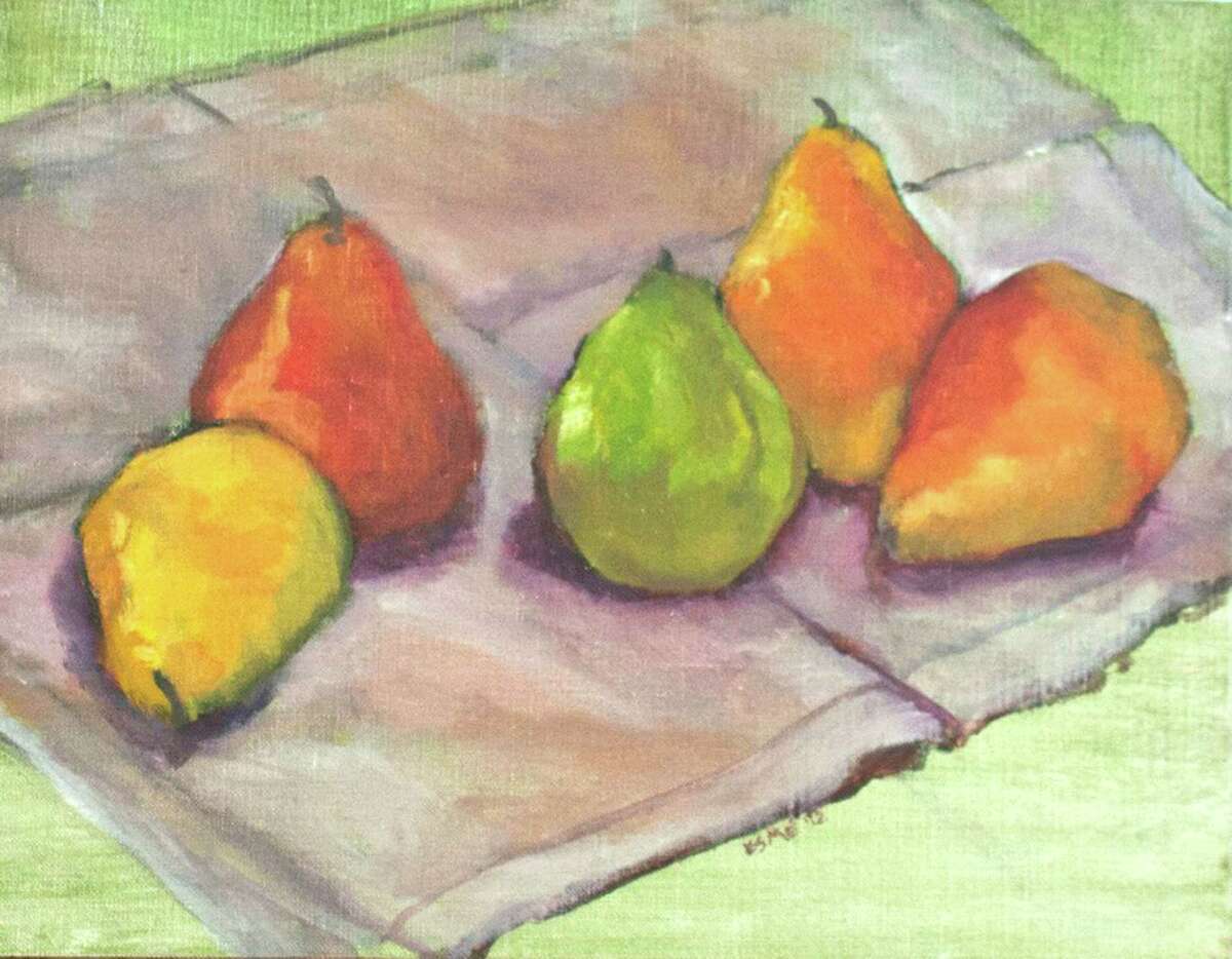 Running from June 5- July 31, the Greenwich Historical Society will exhibit the work of local artists Maria C. Friscia, Perry Robinson, MD and Margaret Esmé Simon in a Community Artists exhibition entitled "Inheriting the Impressionist Tradition." Above is Simon's "Five Pears," Oil on Canvas Board.