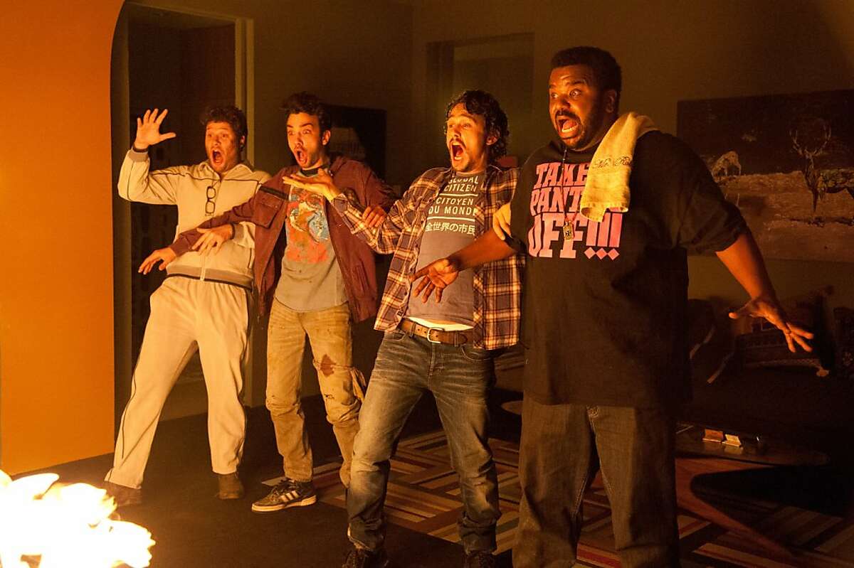 L-r, Seth Rogen, Jay Baruchel, James Franco and Craig Robinson in Columbia Pictures' "This Is the End".
