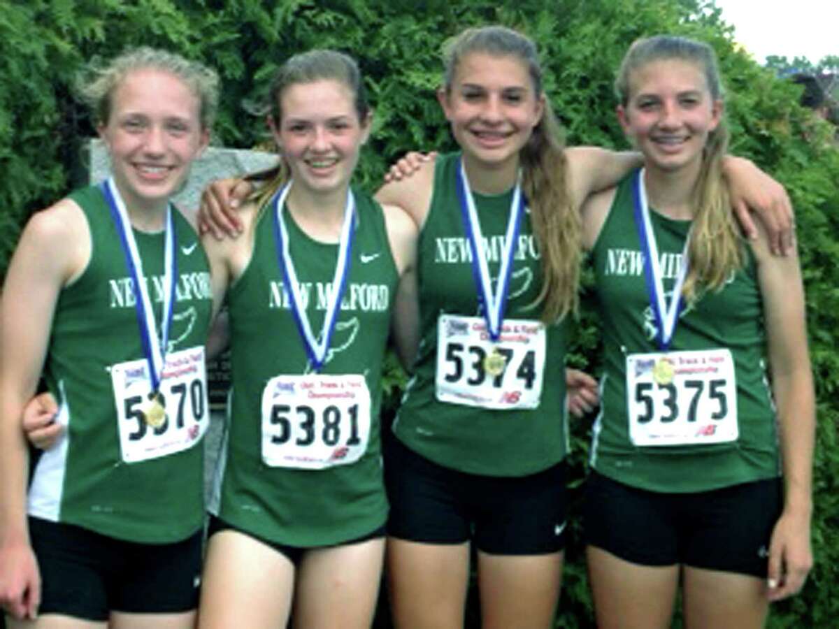 New Milford HIgh girls' track's 4 x 800-meter relay of, from left to right, Helen Bayers, Hannah Tower, Saige Grazia and Sierra Grazia, raced past its competition this season to titles at the South-West Conference, state class 'LL' and state open meets before earning third place June 8, 2013 in the New England championship meet. The Green Wave girls are scheduled to compete this week in national competition. Courtesy of John Tower