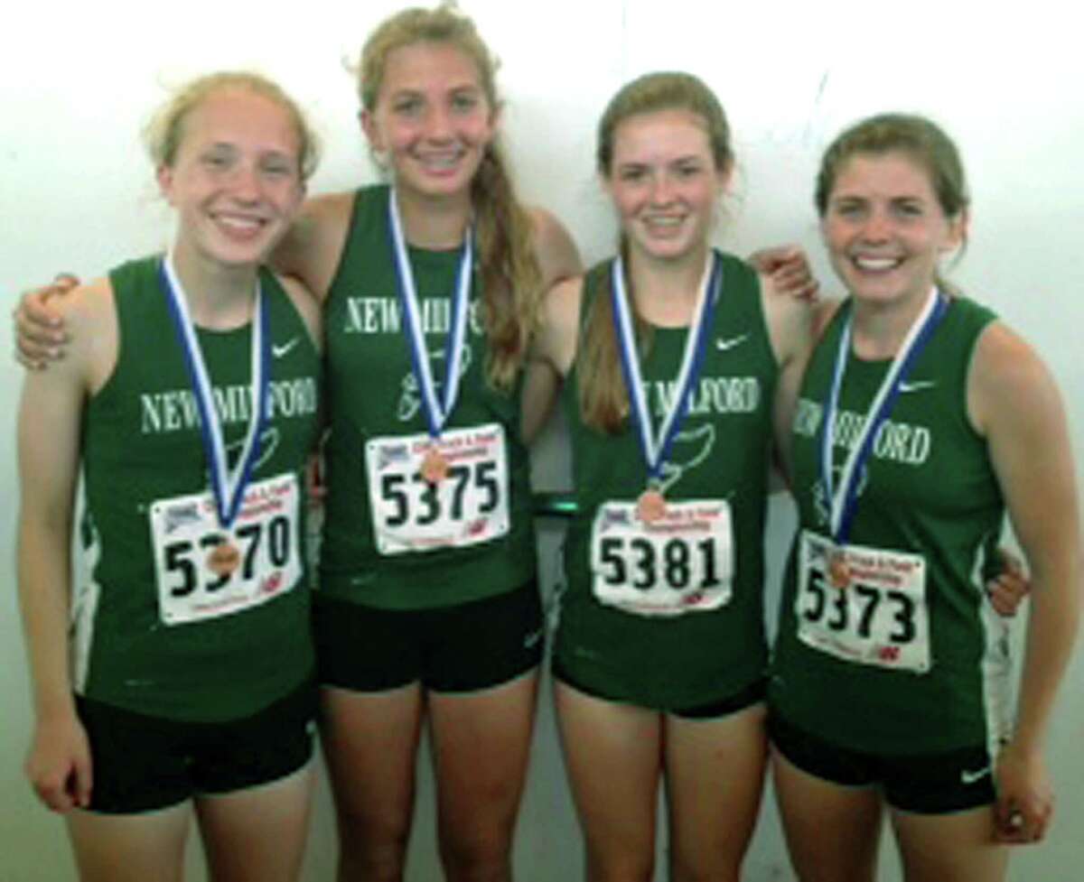 The Green Wave girls' 4 x 400-meter relay of, from left to right, Helen Bayers, Sierra Grazia, Hannah Tower and Meghan Dietter captured South-West Conference title and added second place in the state class 'LL' meet, third in the state open and 11th place in the New England championship meet. Courtesy of John Tower
