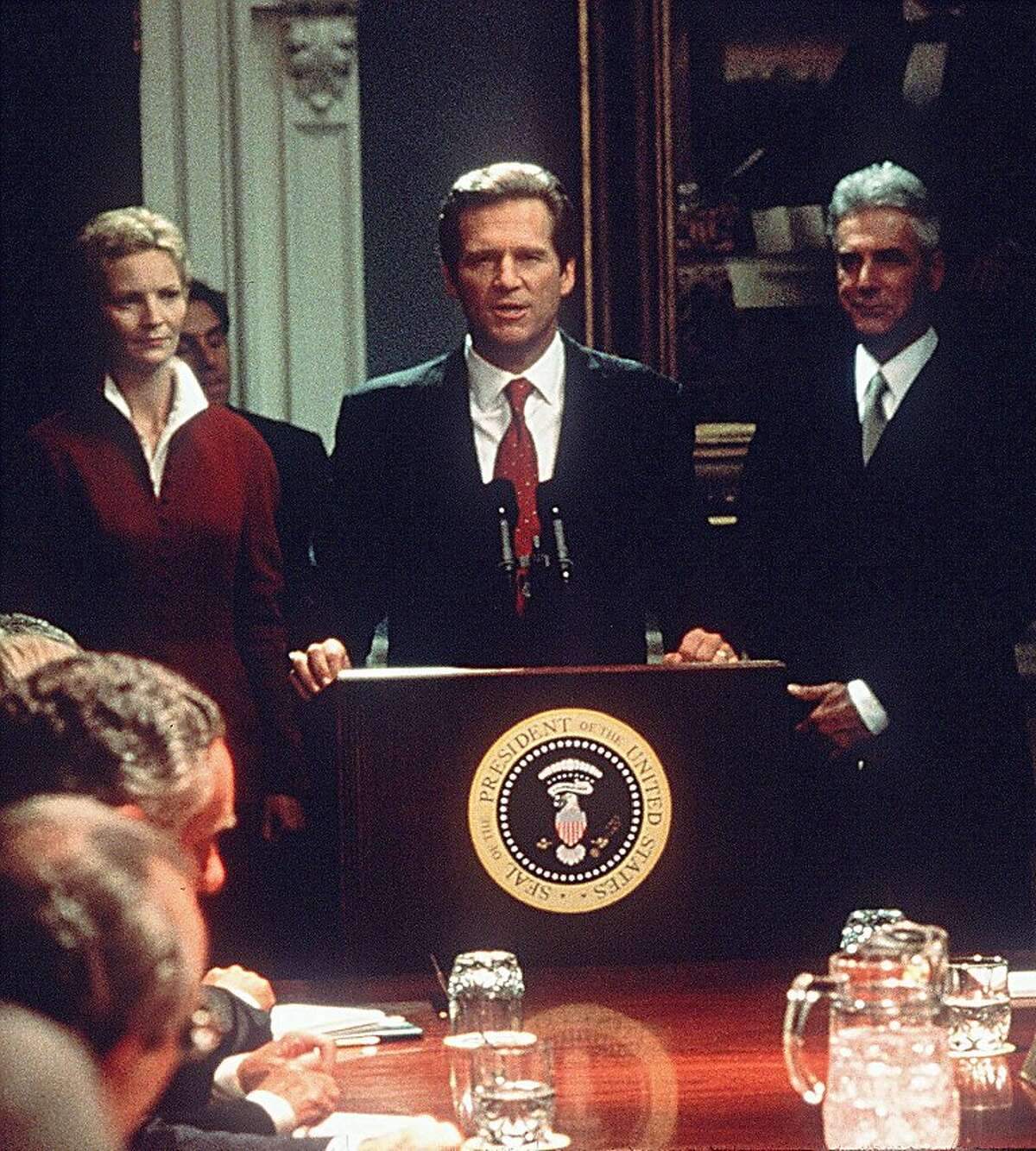 Actor Jeff Bridges, center, plays the role of President Jackson Evans in the DreamWorks Pictures political thriller "The Contender." President Bill Clinton's term in office has been perhaps the most fertile time ever for Hollywood explorations of presidential politics. (AP Photo/DreamWorks Pictures, Gino Mifsud)