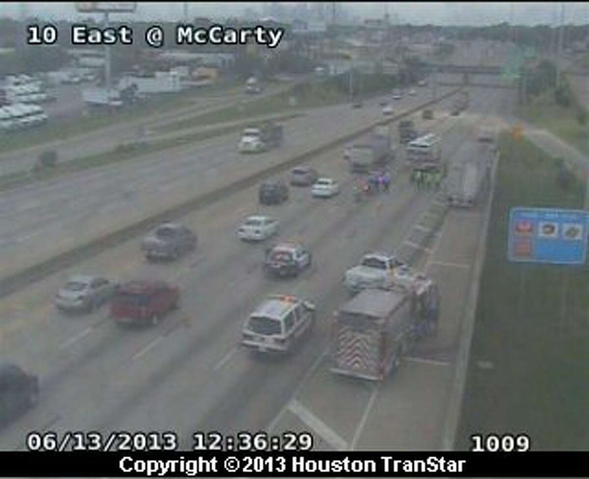 East Freeway reopens after wreck, spill backed up traffic