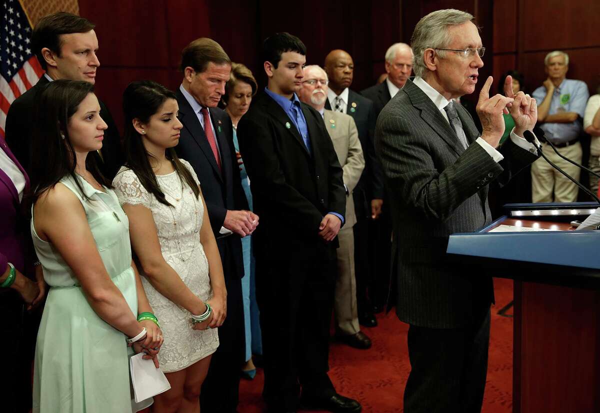 WASHINGTON, DC - JUNE 13: Senate Majority Leader Harry Reid (D-NV) speaks during an event marking the six month anniversary of the Newtown, Connecticut shooting at the U.S. Capitol June 13, 2013 in Washington, DC. Friends and family members of the shooting victims joined members of Congress for a day long event to honor the 26 children and educators killed in the December shooting, and to renew calls for gun reform legislation.