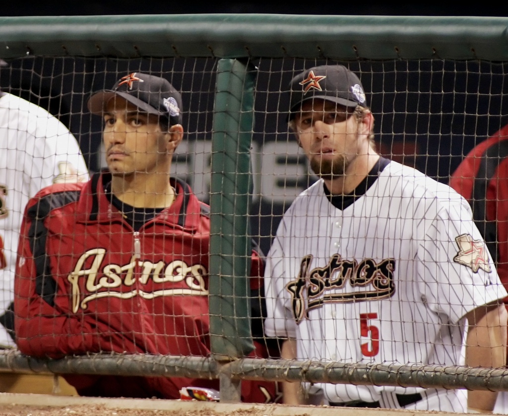 Houston Astros pitcher Andy Pettitte wipes his face with his