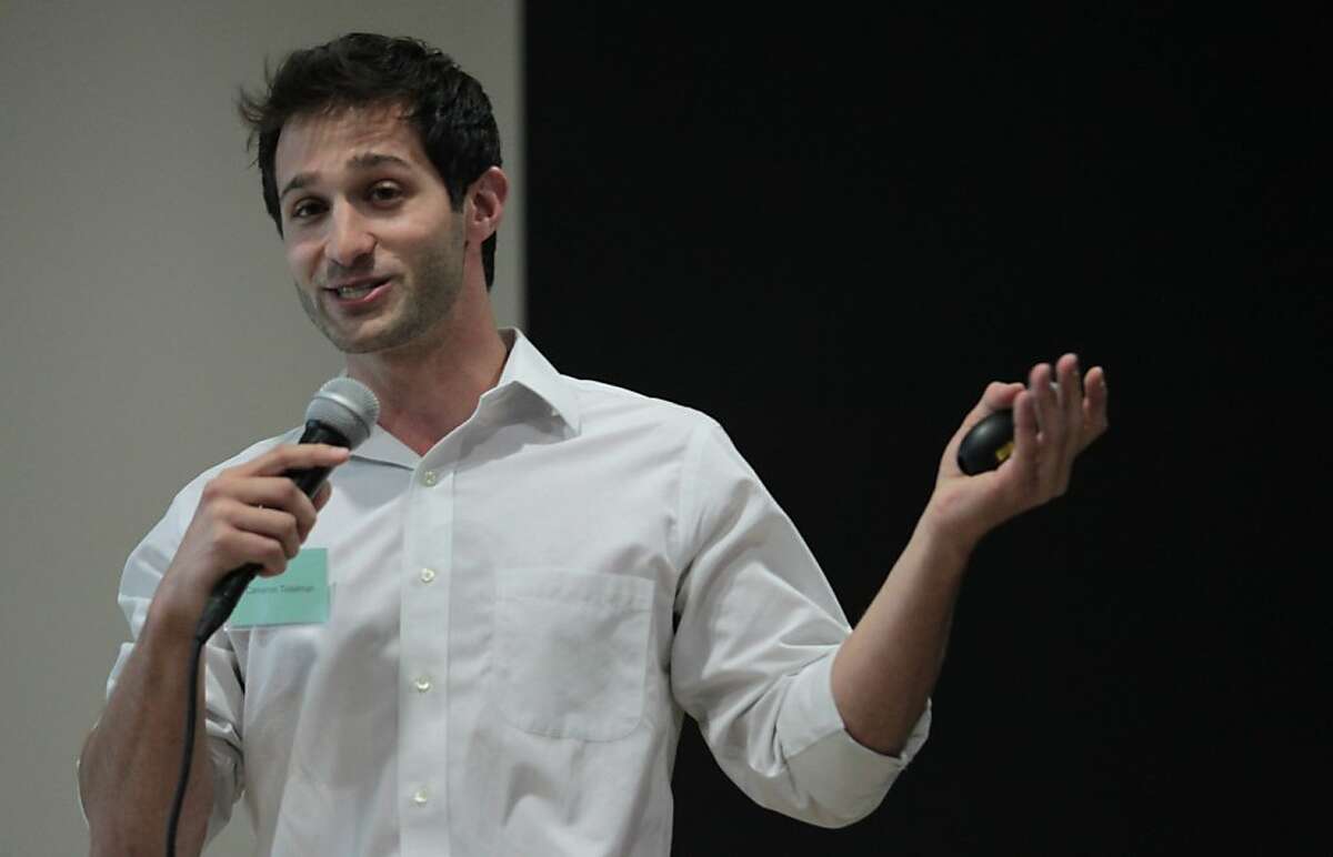 StartX founder Cameron Teitelman addresses an audience during a Demo Day event in Palo Alto, Calif. on Thursday, May 30, 2013. StartX is an non-profit that partners with Stanford students to facilitate start up businesses.