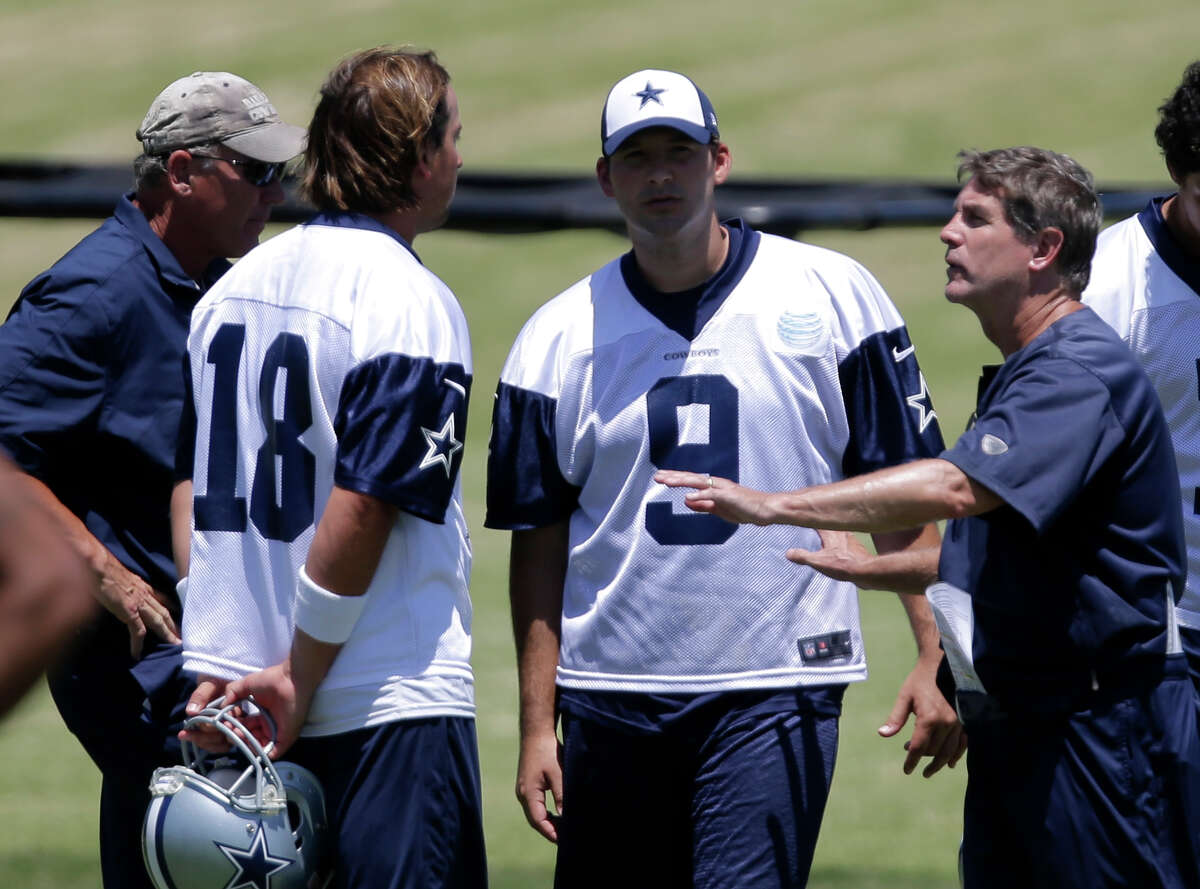 Dallas Cowboys quarterbacks Kyle Orton (18), Tony Romo (9) and quarterbacks coach Wade Wilson, left, talk with offensive coordinator Bill Callahan, right, as the team takes in a practice during their NFL football minicamp on Thursday, June 13, 2013, in Irving, Texas. (AP Photo/Tony Gutierrez)