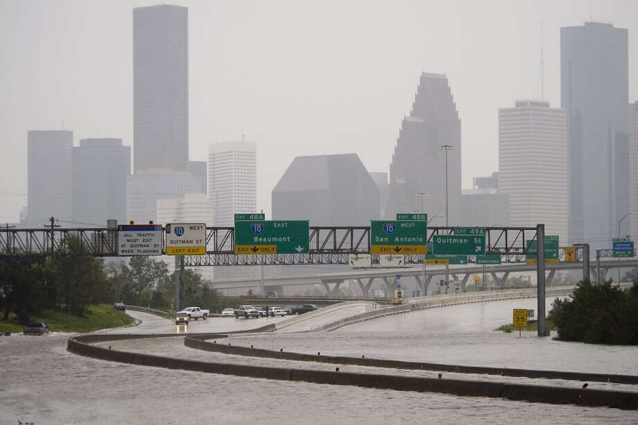 Floodwater covers Interstate 45 just north of downtown Houston after the passage of Hurricane Ike, Saturday, Sept. 13, 2008. ( Smiley N. Pool / Chronicle )