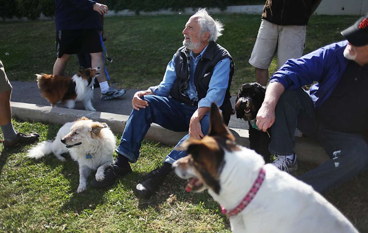 Mike Pincus talks with other dog owners in Holly Park on June 18, 2013 in San Francisco, Calif. His dog Omar, named after the character in "The Wire," is the black dog to the right of him. At right is Bill Carr and his three-legged dog Charlotte (foreground).