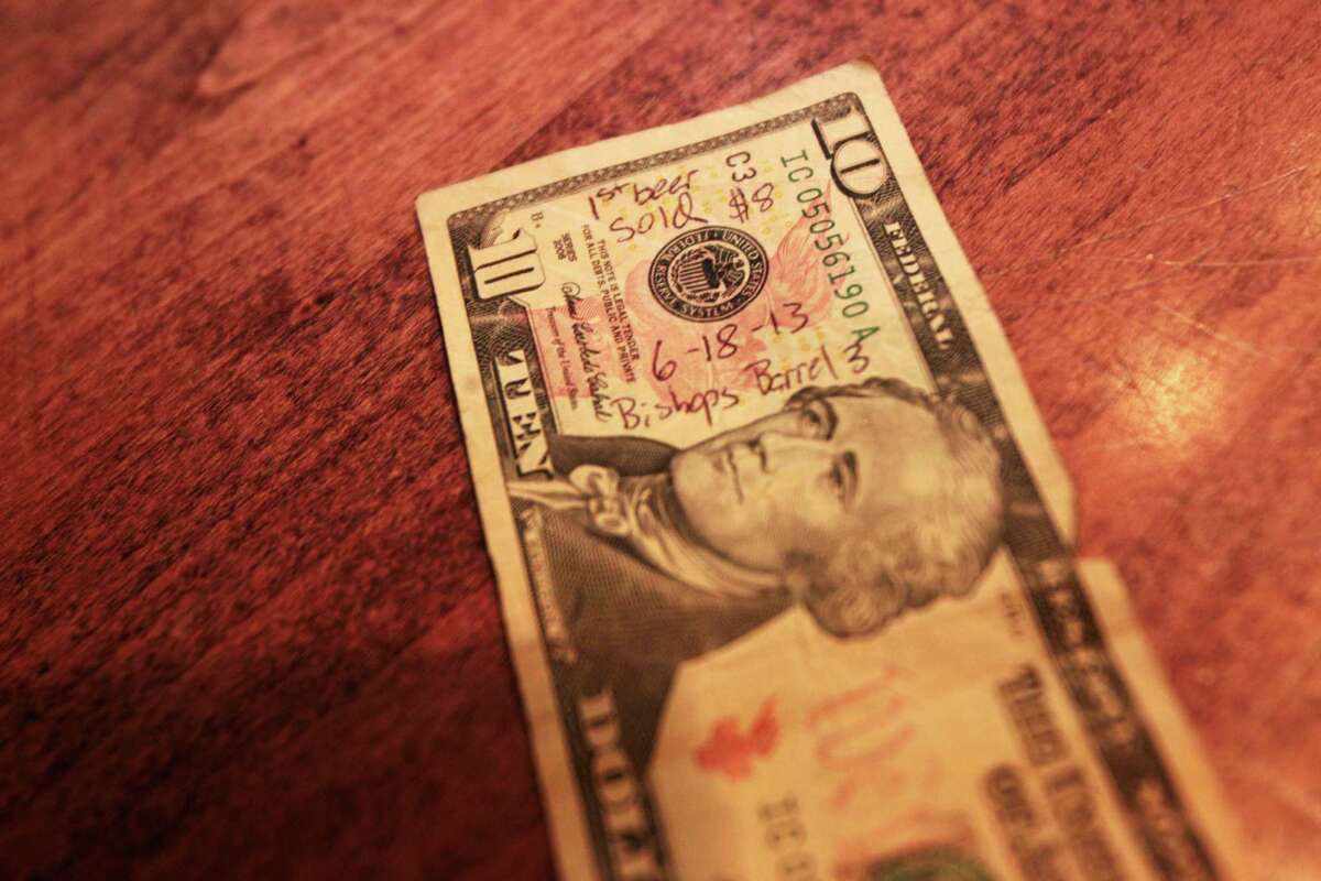 This $10 bill was used by a brewery visitor Tuesday to buy a beer directly from St. Arnold in Houston.