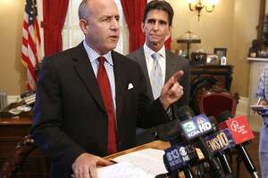 State Senate President Pro Tem Darrell Steinberg, D-Sacramento, left, accompanied by Senate Budget Committee chairman Mark Leno, D-San Francisco,  announced that the Senate will take up a constitutional amendment  to address a budget bill that threatens public access to information held by local governments, while talking to reporters at his Capitol office in Sacramento, Calif., Wednesday June 19, 2013.  Steinberg's announcement came after Assembly Speaker John Perez, D-Los Angeles, announced that the Assembly would pass a measure that will maintain a requirement for cities and counties to comply with the California Public Records Act. (AP Photo/Rich Pedroncelli)