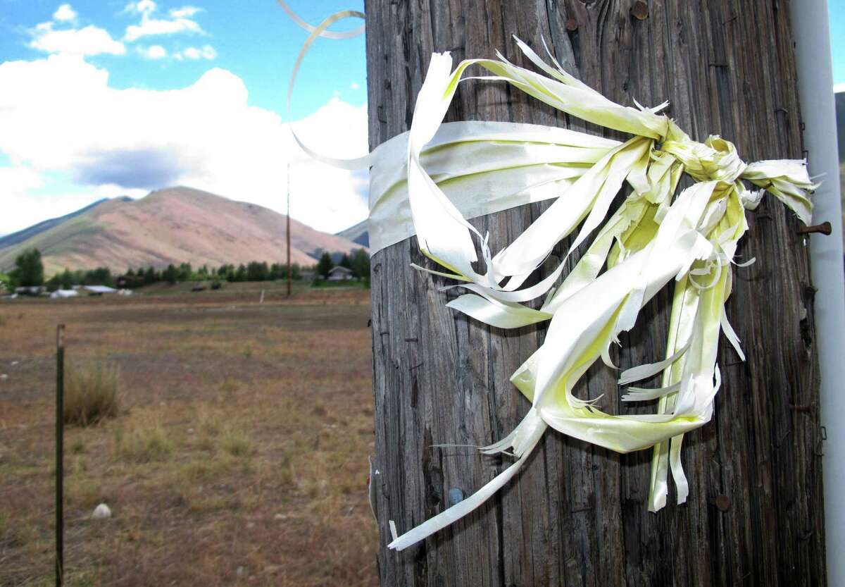 A tattered yellow ribbon honoring captive U.S. Army Sgt. Bowe Bergdahl is tied to a utility pole along Idaho State Highway 75 near Hailey, Idaho.