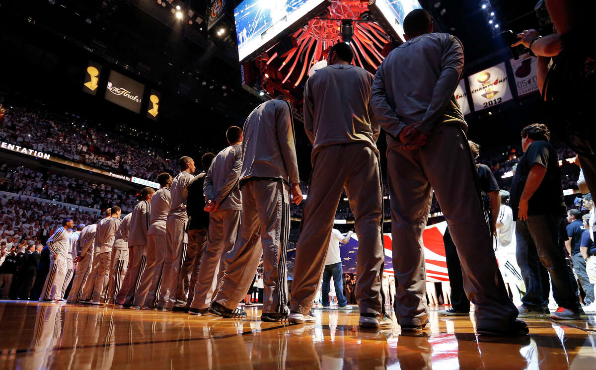 The Spurs stand for the national anthem before the first half of Game 7 of the 2013 NBA Finals Thursday, June 20, 2013 at American Airlines Arena in Miami. (Edward A. Ornelas/San Antonio Express-News)