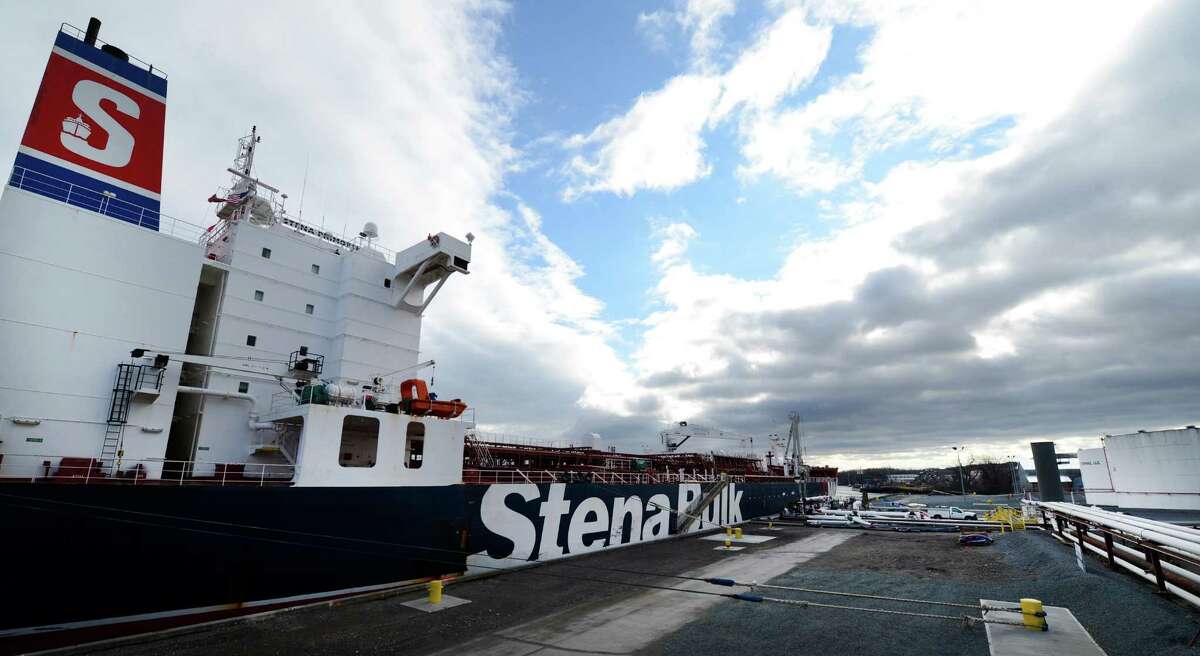 The Stena Primorsk takes on North Dakota crude from the Buckeye Partners' tanks in the Port of Albany, N.Y. Dec 19, 2012. (Skip Dickstein/Times Union)