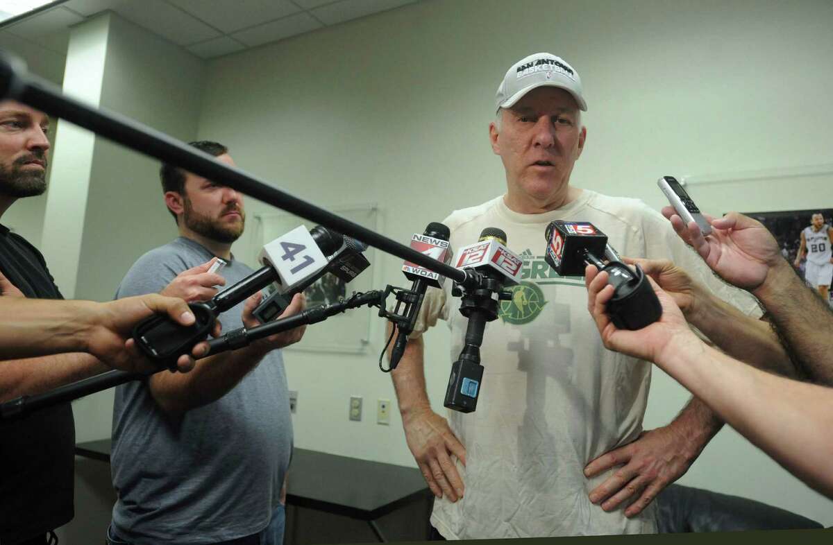 San Antonio Spurs head coach Gregg Popovich speaks during a press conference at the team's practice facility on Saturday, June 22, 2013.