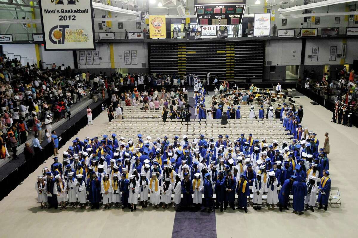 Students arrive during the Albany High School commencement exercises inside the SEFCU Arena on the University at Albany campus Albany, N.Y., Sunday, June 23, 2013. (Hans Pennink / Special to the Times Union)