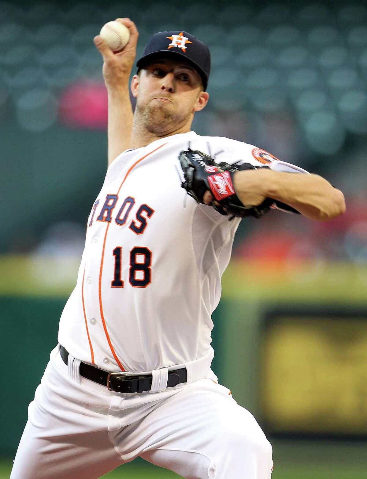 Houston Astros starting pitcher Jordan Lyles (18) pitches during the first inning of an MLB game at Minute Maid Park, dow}, May 7, 2013, in Houston. ( Karen Warren / Houston Chronicle )