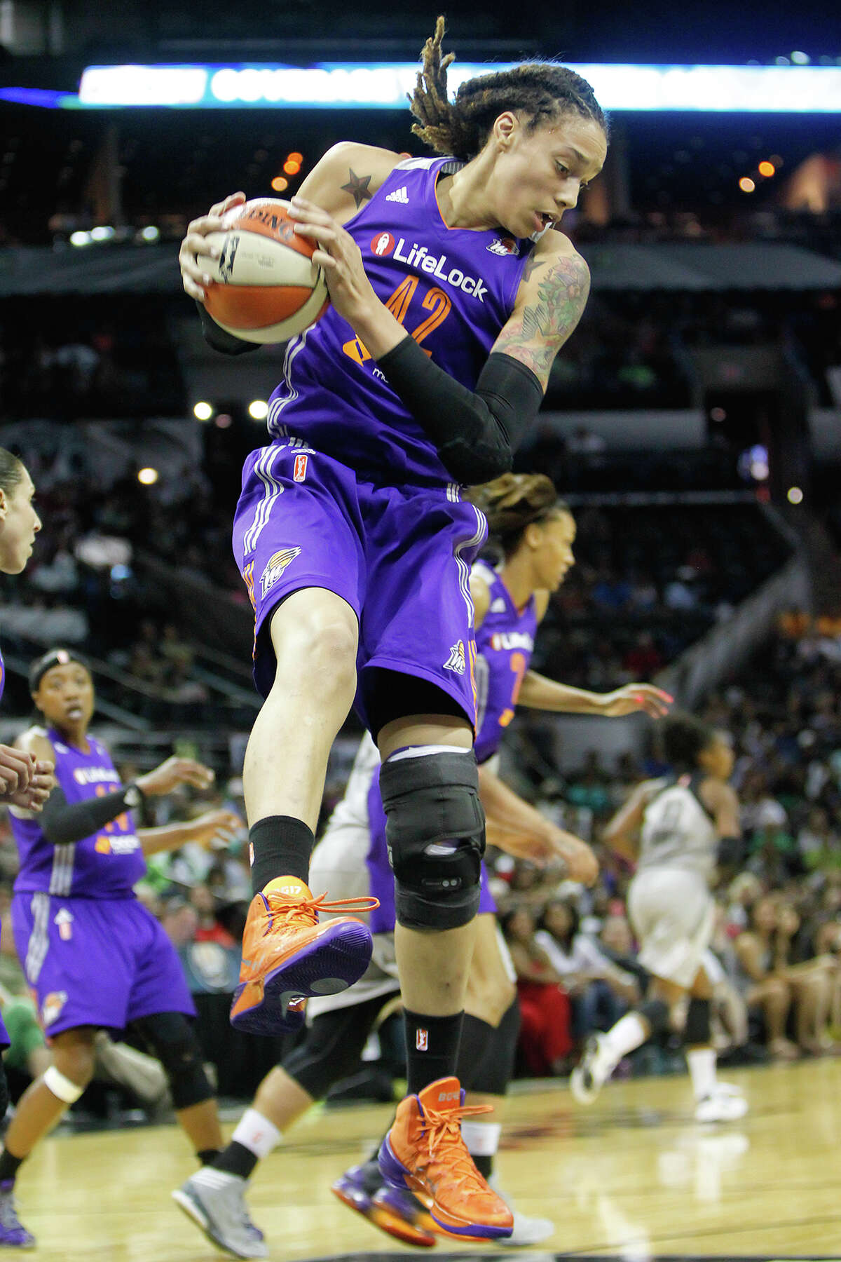 Phoenix's Brittney Griner pulls down a rebound in the first half of the Silver Stars game with the Phoenix Mercury at the AT&T Center on Tuesday, June 25, 2013. The game was former Baylor standout Brittney Griner's first trip to play in her home state. The Mercury won the game 83-77. MARVIN PFEIFFER/ mpfeiffer@express-news.net
