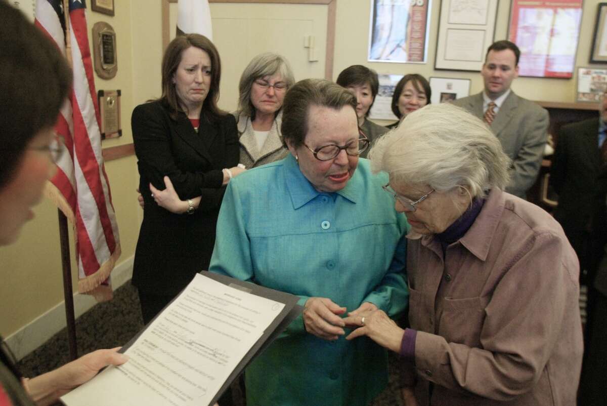 Feb. 12, 2004: San Francisco Mayor Gavin Newsom authorizes the county clerk to issue marriage licenses to same-sex couples, flouting California constitutional law. Del Martin and Phyllis Lyon are the first to marry.