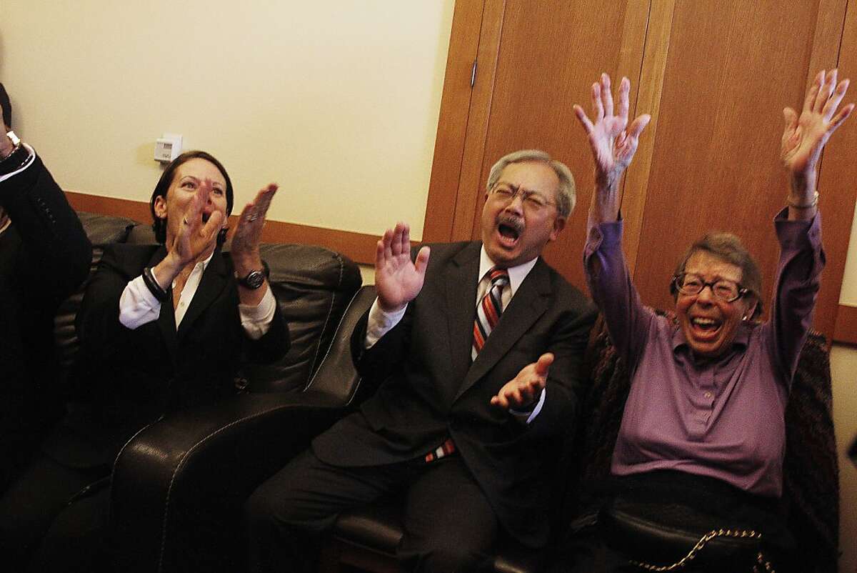 Joyce Newstat (l to r), Mayor Ed Lee and Phyllis Lyon react as they listen to coverage of the Supreme Court rulings in the Mayor's Office at City Hall on Wednesday, June 26, 2013 in San Francisco, Calif.