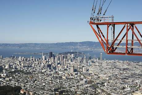 Downtown San Francisco is seen from the top of Sutro Tower, part of which can be seen at right, on June 27, 2013 in San Francisco, Calif. Sutro Tower celebrates its 40th anniversary on the Fourth of July this year.