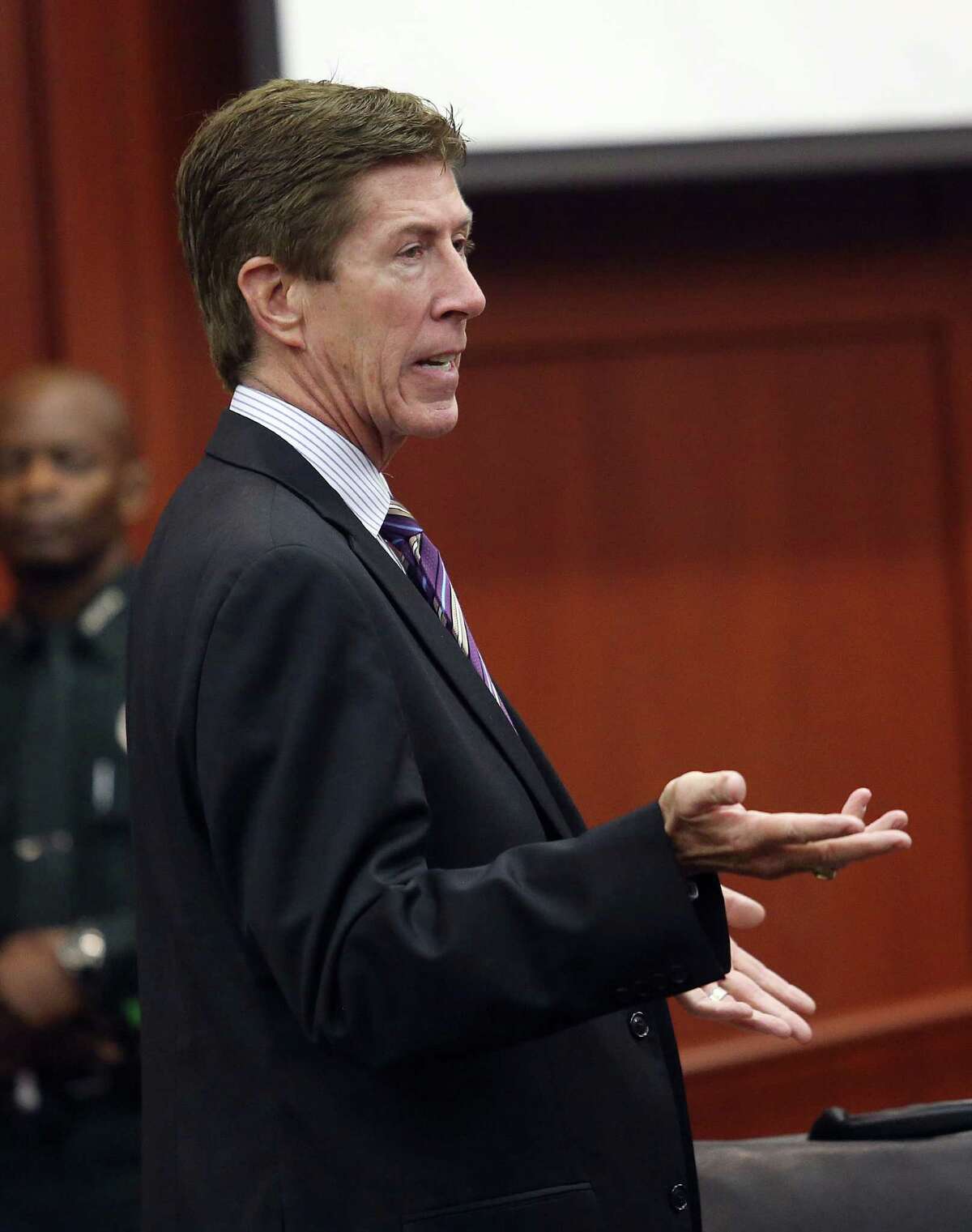 Defense attorney Mark O'Mara addresses judge Debra Nelson during the trial of George Zimmerman in Seminole County circuit court, in Sanford, Fla., Wednesday, July 3, 2013. Zimmerman is charged with second-degree murder in the fatal shooting of Trayvon Martin, an unarmed teen, in 2012. (AP Photo/Orlando Sentinel, Jacob Langston, Pool)