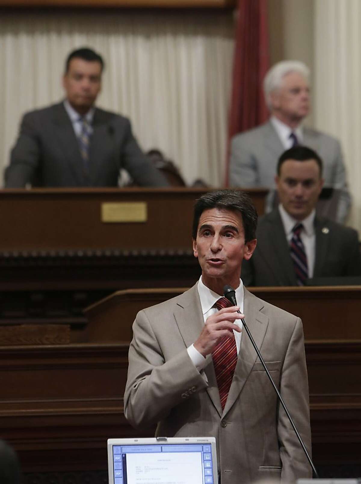 State Sen. Mark Leno, D-San Francisco, urges the passage of a bill regarding transgender students at the state Capitol in Sacramento, Calif., Wednesday, July 3, 2013. By a 21-9 vote the Senate approved AB1266, by Assemblyman Tom Ammiano, D-San Francisco, that would require that public K-12 schools let transgender students choose which restrooms they use and which school teams they join based on their gender identity. (AP Photo/Rich Pedroncelli)