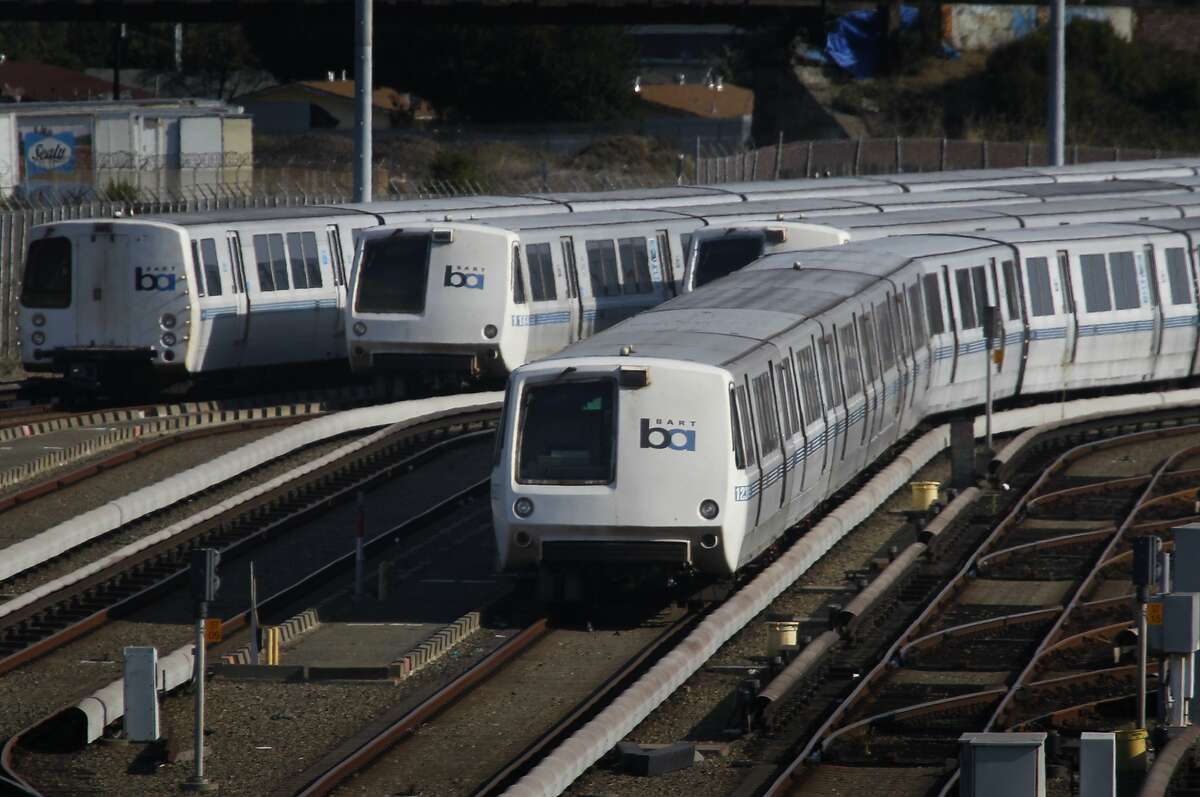 In this file photo, trains idle at BART's maintenance yard in Richmond, Calif..